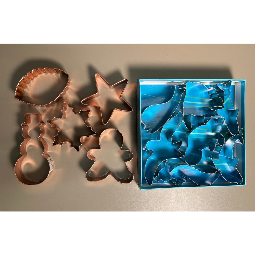 Cookie Dough Cutters Lot, 5 Copper Holiday Themes PLUS Box of 7 Ocean Animals